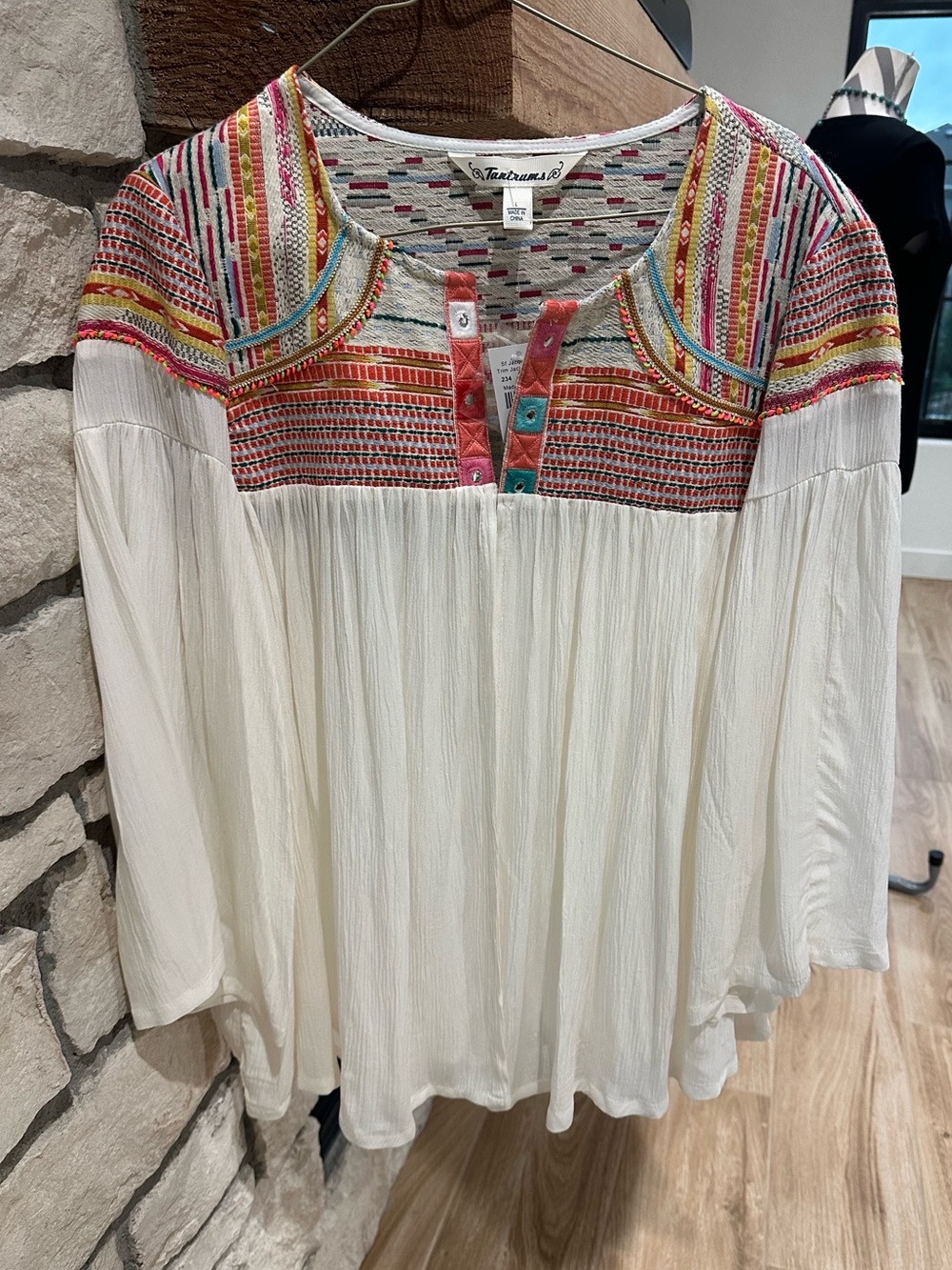 NWT Tantrums Tapestry Boho Jacquard White embroidered Open Blouse  Size Large